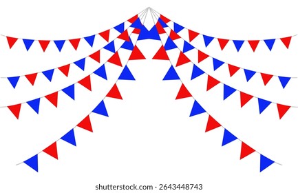 Bunting flags, Carnival party flags, Red and blue festive pennants hanging on a rope. Vector illustration design.