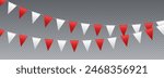Bunting flags, carnival party flags, white and red festive pennants hanging on a rope. Festival vector decoration.