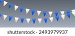 Bunting flags, carnival party flags, white and blue festive pennants hanging on a rope. Festival vector decoration.