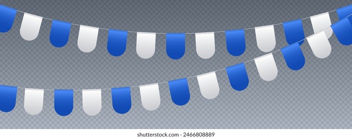 Bunting flags, carnival party flags, white and blue festive pennants hanging on a rope. Festival vector decoration.