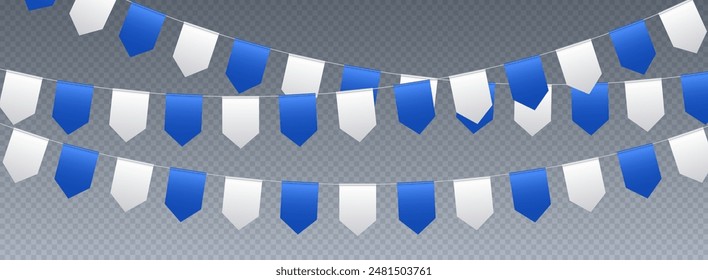 Banderas, banderas de fiestas de carnaval, banderines festivos blancos y azules colgados en una cuerda. Decoración de Vector del festival.