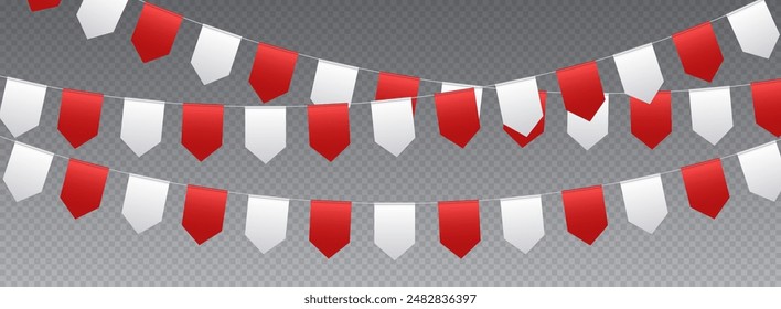 Bunting flags, carnival party flags, white and red festive pennants hanging on a rope. Festival vector decoration.