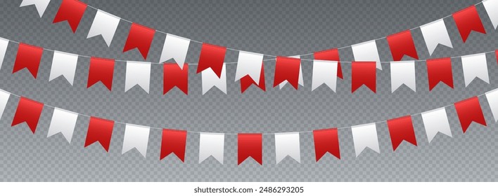 Bunting flags, carnival party flags, white and red festive pennants hanging on a rope. Festival vector decoration.