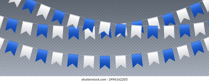 Banderas de Bunting, banderas de fiesta de carnaval, banderines festivos blancos y azules colgando de una cuerda. Decoración del Vector del festival.