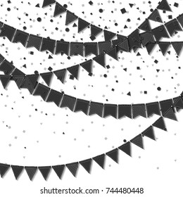 Bunting flags. Classic celebration card. Balck on white holiday decorations and confetti. Bunting flags vector illustration.