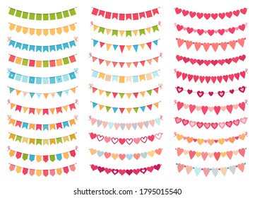 Bunting flags collection for decoration party, celebration birthday or festival, carnival event hanging banner. Vector illustration