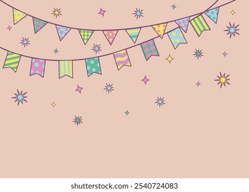 Bunting flags with confetti on beige background. Celebration wallpaper.