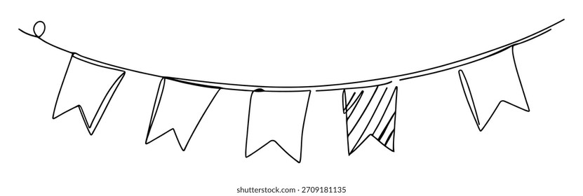 Bunting Fahnen durchgehende einzeilige Zeichnung. Handgezeichnete Festtagsfahnen Girlande.