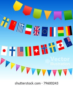 Bunting Flags And Country Flags On A Blue Sky. Vector Illustration.