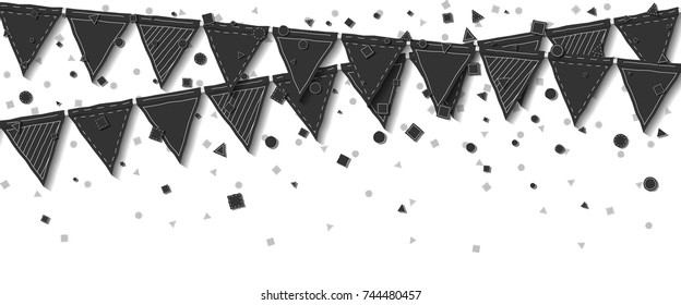 Bunting flags. Curious celebration card. Balck on white holiday decorations and confetti. Bunting flags vector illustration.