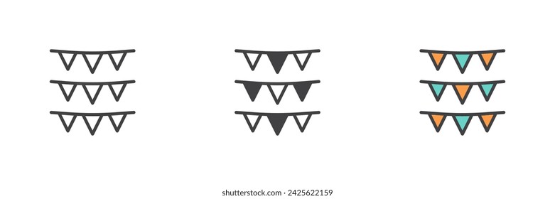 Bunting flags different style icon set. Line, glyph and filled outline colorful version, outline and filled vector sign. Symbol, logo illustration. Vector graphics
