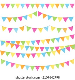 Bunting flags. Festive garland with triangular pennants. Flat design. Decoration elements for birthday party. Outdoor festival decor. Outside hanging adornment with textures. Vector color illustration