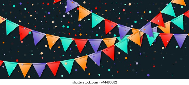 Bunting flags garland. Extraordinary celebration card. Bright holiday decorations and confetti. Bunting flags garland vector illustration.