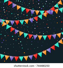 Bunting flags garland. Favorable celebration card. Bright holiday decorations and confetti. Bunting flags garland vector illustration.