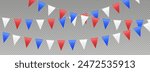 Bunting flags garland, party flags in red, blue and white colors. Patriotic pennant decoration for USA Independence Day. Vector illustration.