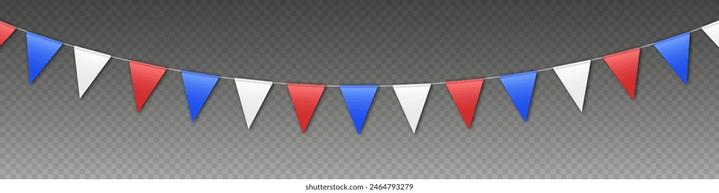 Bunting flags garland, party flags in red, blue and white colors. Patriotic pennant decoration for USA Independence Day. Vector illustration.