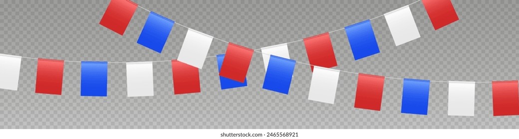 Bunting flags garland, party flags in red, blue and white colors. Patriotic pennant decoration for USA Independence Day. Vector illustration.