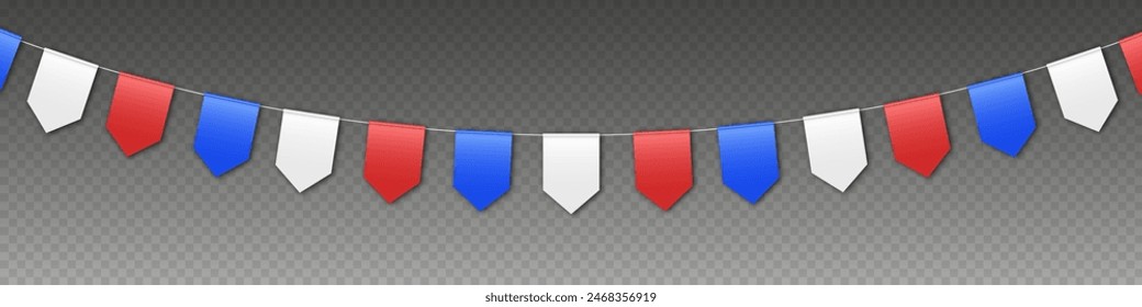 Bunting flags garland, party flags in red, blue and white colors. Patriotic pennant decoration for USA Independence Day. Vector illustration.