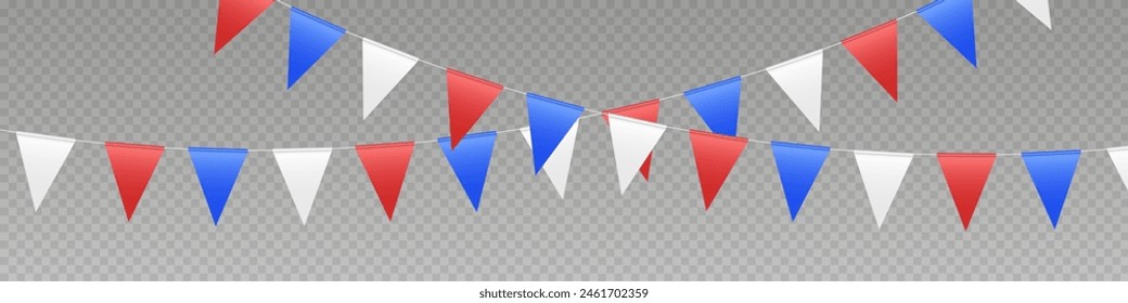 Bunting flags garland, USA party flags in red, blue and white colors. Patriotic pennant decoration for Independence Day. Vector illustration.