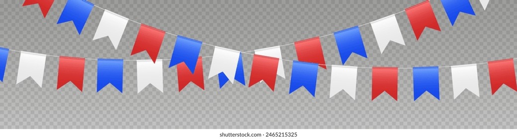 Bunting flags garland, USA party flags in red, blue and white colors. Patriotic pennant decoration for Independence Day. Vector illustration.