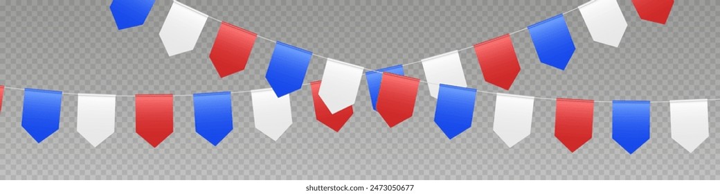 Bunting flags garland, USA party flags in red, blue and white colors. Patriotic pennant decoration for Independence Day. Vector illustration.