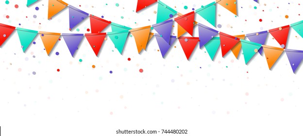 Bunting flags. Glamorous celebration card. Bright colorful holiday decorations and confetti. Bunting flags vector illustration.