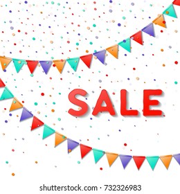 Bunting flags. Incredible celebration card. Bright colorful holiday decorations and confetti. Bunting flags vector illustration.