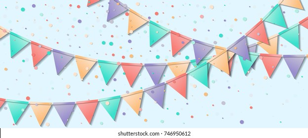 Bunting flags. Lively celebration card. Colorful holiday decorations and confetti. Bunting flags vector illustration.