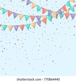 Bunting flags. Lovely celebration card. Colorful holiday decorations and confetti. Bunting flags vector illustration.