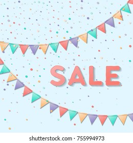Bunting flags. Mind-blowing celebration card. Colorful holiday decorations and confetti. Bunting flags vector illustration.