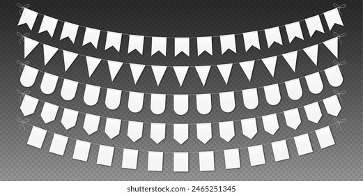 Bunting flags mockup, carnival party flags, festive pennants hanging on a rope. Festival vector decoration.