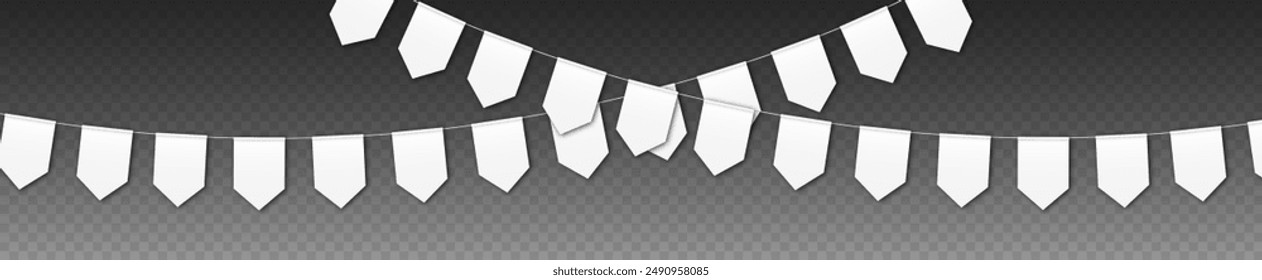 Bunting flags mockup, carnival party flags, festive pennants hanging on a rope. Festival vector decoration.