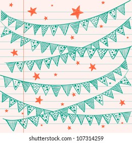 Bunting Flags On A Lined Notebook Paper. Hand Drawn Sketch. Notebook Doodles. Vector Illustration. Background.