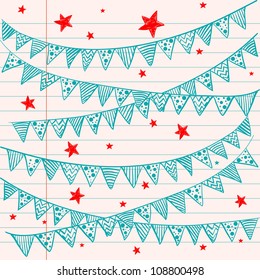 Bunting Flags On A Lined Notebook Paper. Hand Drawn Sketch. Notebook Doodles. Vector Illustration. Background.