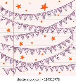 Bunting Flags On A Lined Notebook Paper. Hand Drawn Sketch. Notebook Doodles. Vector Illustration. Background.