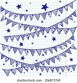 Bunting Flags On A Squared Notebook Paper. Hand Drawn Sketch. Notebook Doodles. Vector Illustration. Background.