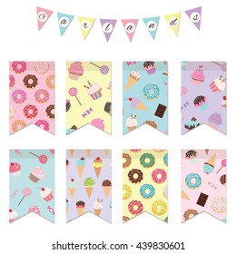 Bunting flags set for birthday party design. Patterns are added in swatches.