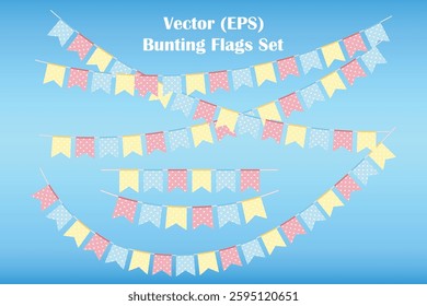 Bunting flags set, Pink, Blue and Yellow Polka Dot vector pennants hanging on the rope. Colorful flag garland for party and holiday decorations
