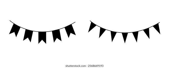 Bunting flags silhouette on string for birthday party decoration,holiday anniversary fabric garland design,modern festive hanging decor.Isolated.Vector illustration.