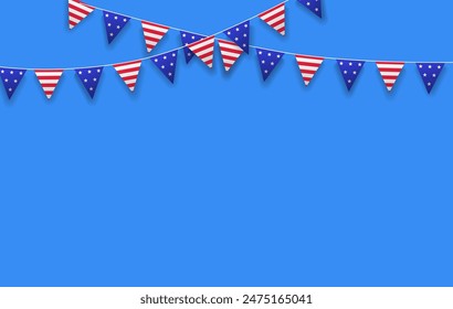 Bunting flags vector garland on blue background for American national holidays celebration