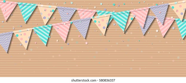 Bunting garland. Attractive celebration card with colorful paper bunting garland and confetti. Party background with bright decorations. Vector illustration.