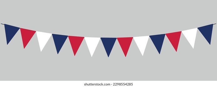 Bunting garland, blue, red, white party flags, string of pennants, vector design elements