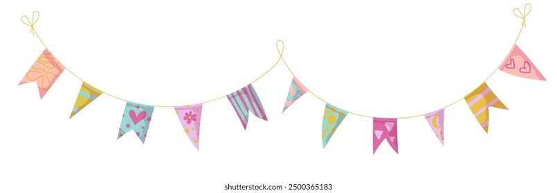 Bunting garland doodle. Doodle birthday garland of flags. Festival or Christmas party bunting border decoration