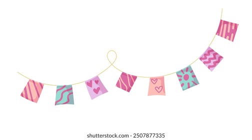 Bunting garland doodle. Doodle birthday garland of flags. Festival or Christmas party bunting border decoration