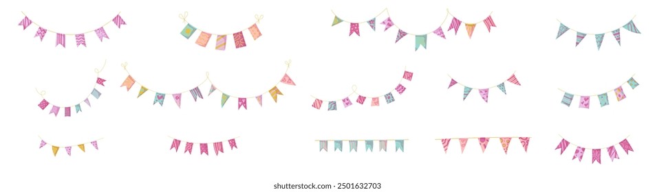 Bunting garland doodle set. Doodle birthday garland of flags. Festival or Christmas party bunting border decoration