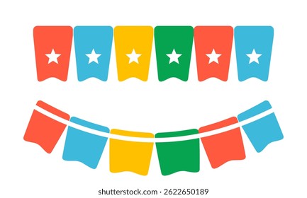 bunting garland flags. colorful triangular bunting flags strung on thin lines. These are used for festive decorations, potentially for holidays or patriotic events