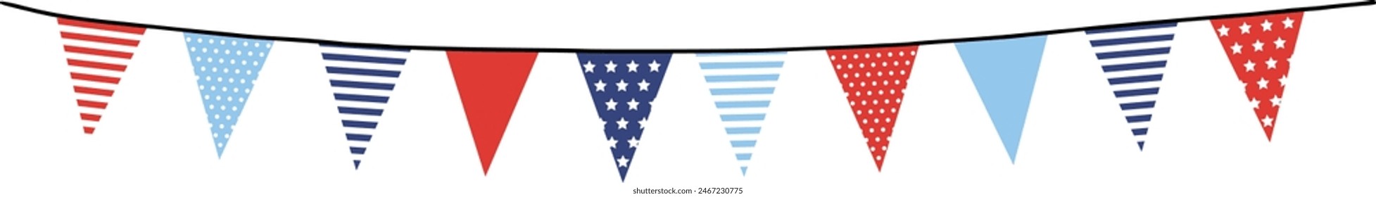 Bunting garland. Party flags with stripes and stars in USA flag colors isolated on background. Vector illustration, web banner. Memorial, labor day. Independence day, 4th July. Birthday, anniversary.