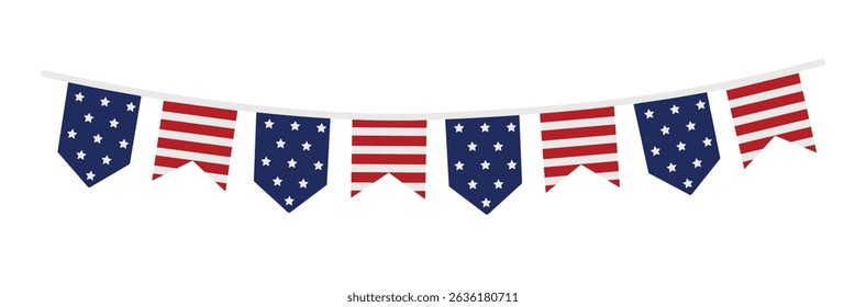 Bunting garland. Party flags with stripes, stars in USA flag colors isolated on background. Vector illustration, web banner. Memorial, labor day. Independence day, 4th July. Birthday, anniversary