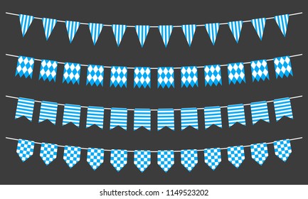 Bunting and garland set. Blue festive flags. Decoration elements for celebrate, party or festival design. Vector illustration. 