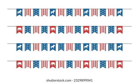 Bunting garland set with elephant, donkey and USA flag for election. Vector on white background.